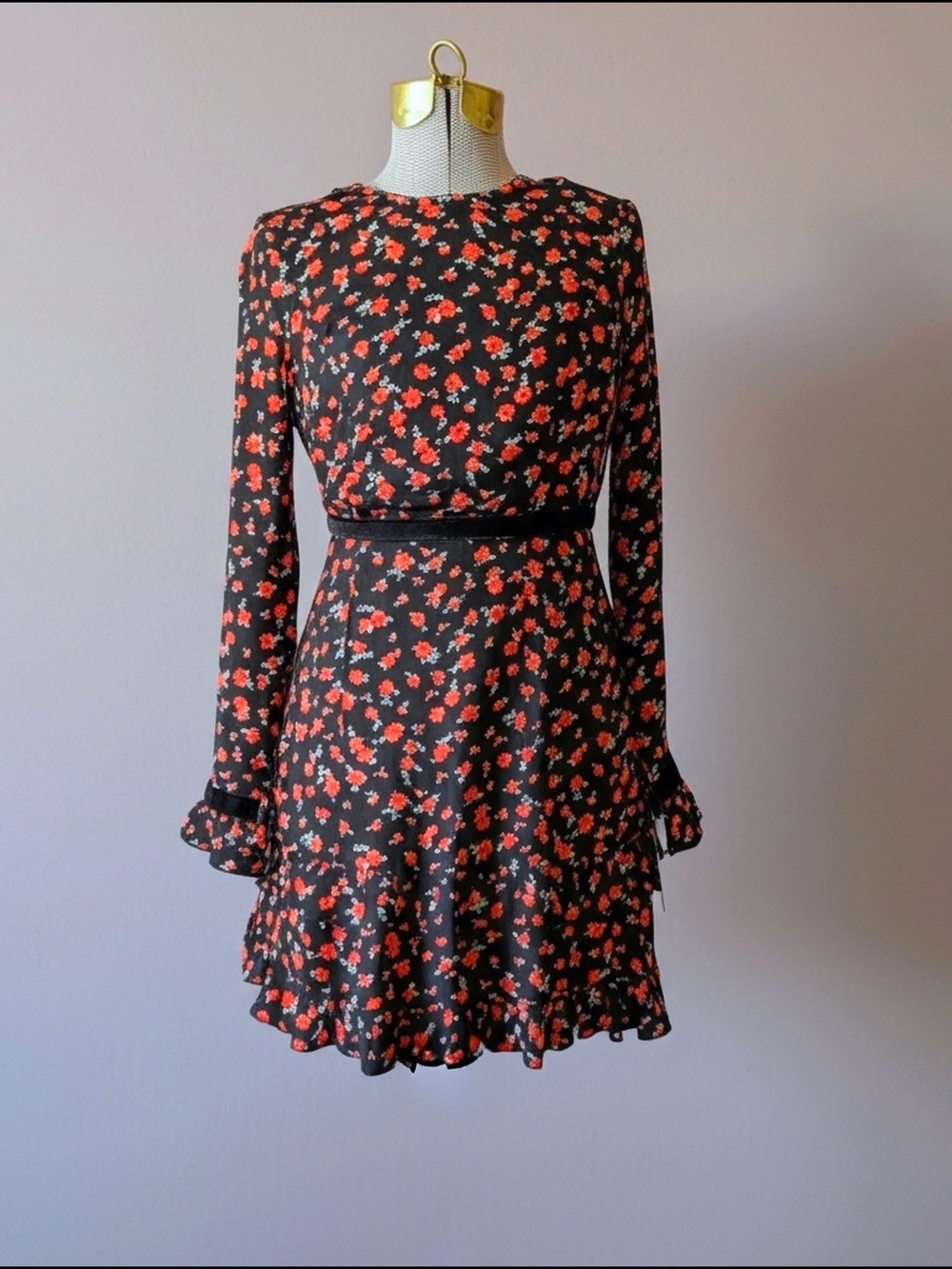 Sweet Storm Black Long-Sleeve Mini Dress with Red Floral Print Jr S